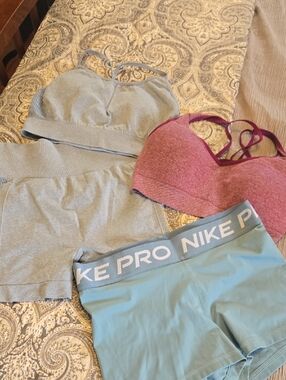 Nike Light Blue Pro Shorts with Grey and Maroon Sports Bras 4 Piece Set